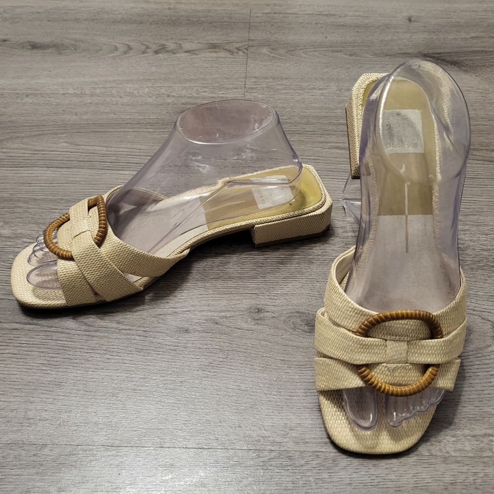 Dolce Vita Cream Woven Raffia Ring Slide Sandals Square Toe Low Block Heel 8